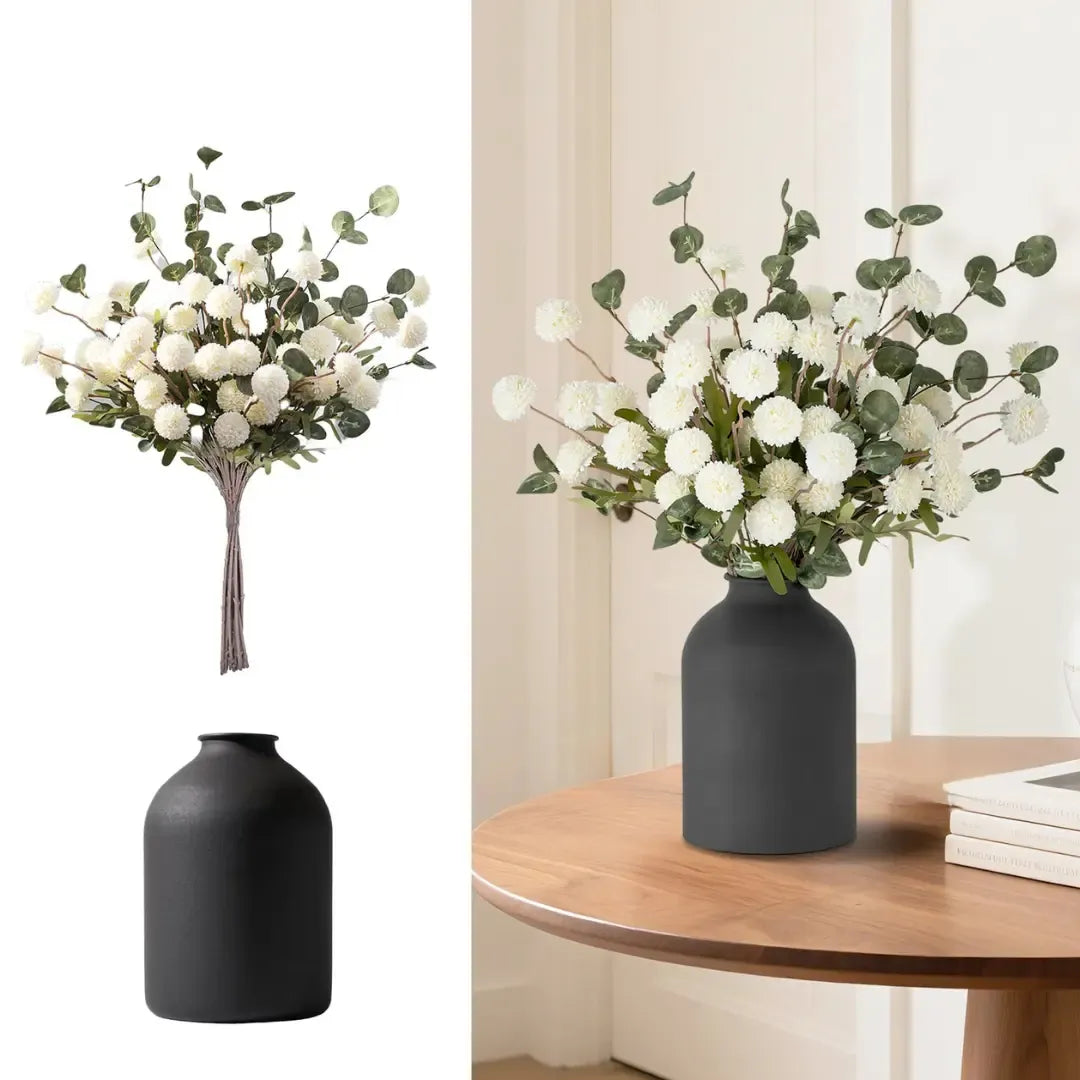 Artificial Flowers in Vase for Centerpieces: Vase with 12 Stems of Mums Kiku Flowers Eucalyptuses Faux Pom Poms Floral Arrangements for Kitchen Island Entryway Table