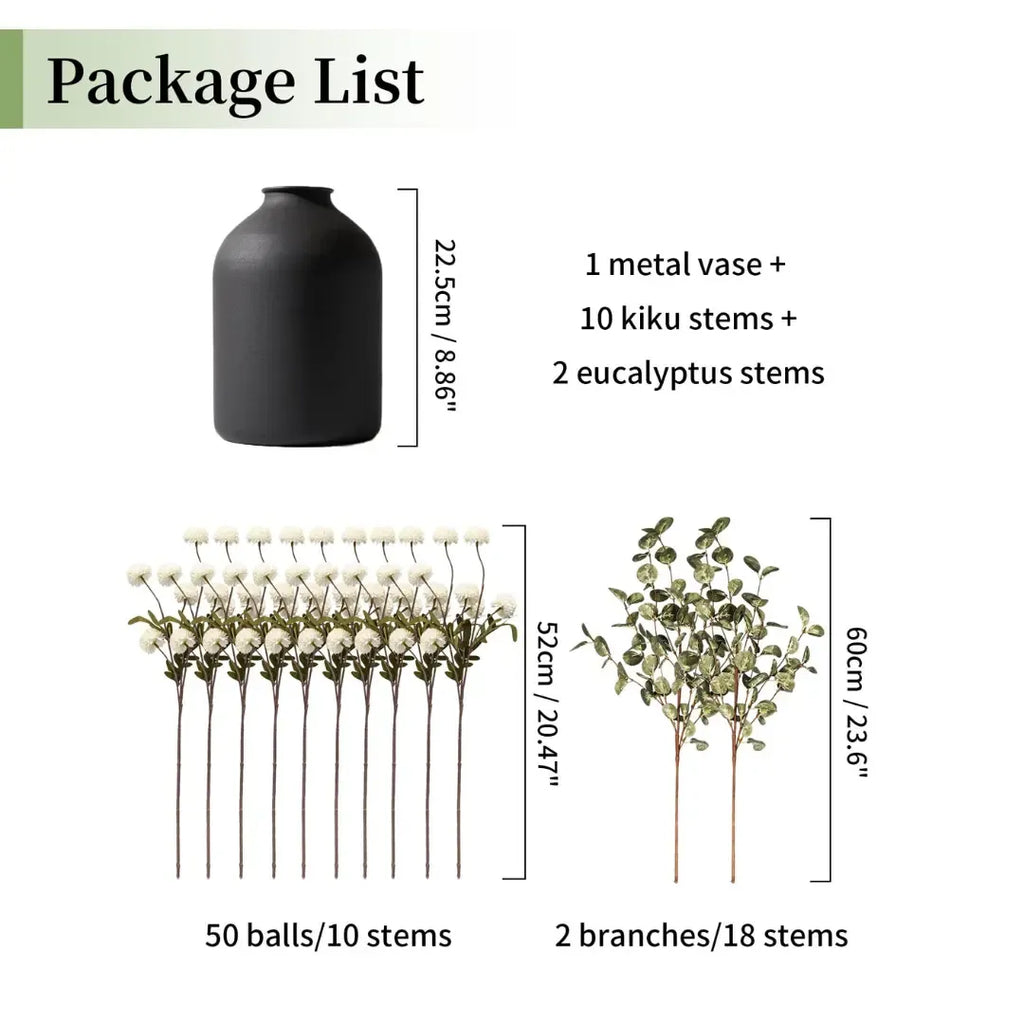 Artificial Flowers in Vase for Centerpieces: Vase with 12 Stems of Mums Kiku Flowers Eucalyptuses Faux Pom Poms Floral Arrangements for Kitchen Island Entryway Table