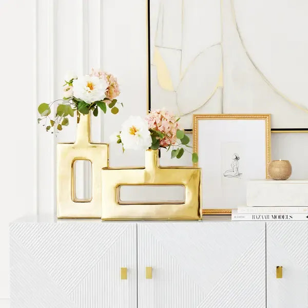 Z Gallerie Miami Gold Vase, Home Decorative Vase or Sculptural pieces for Living Room Office Room Flowers Peonies Ceramic Ornaments Decoration Design Dining Table Centerpiece Modern Plant Vase,summerwins