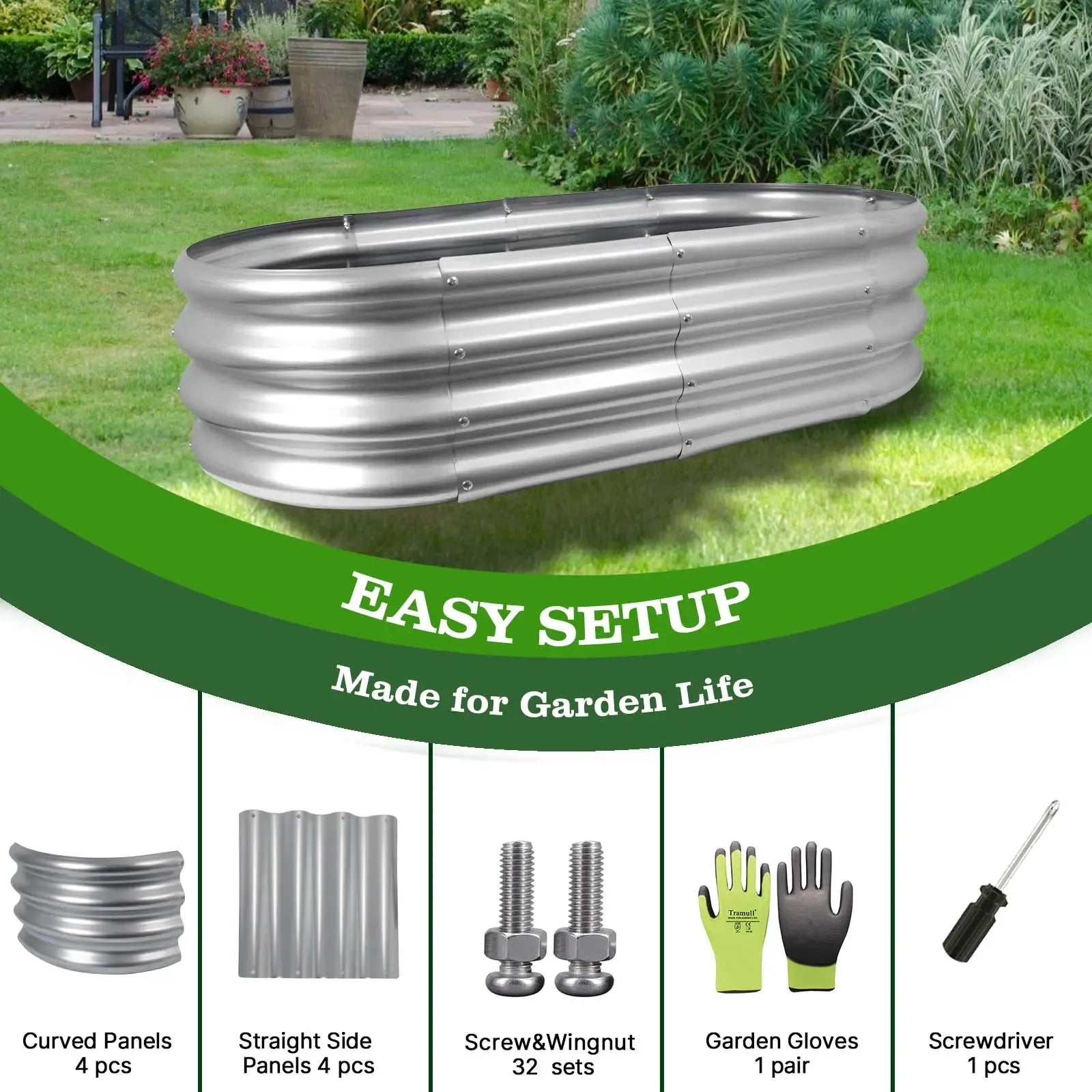 【2026 Upgraded】 4x2x1FT Galvanized Raised Garden Bed Kits, Oval Metal Planter Boxes with Open Bottom, Large Corrugated Steel Garden Bed for Vegetables, Flowers & Herbs, Rustproof & High Stability, Silver