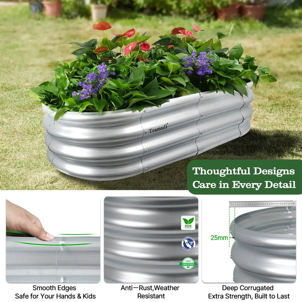 【2026 Upgraded】 4x2x1FT Galvanized Raised Garden Bed Kits, Oval Metal Planter Boxes with Open Bottom, Large Corrugated Steel Garden Bed for Vegetables, Flowers & Herbs, Rustproof & High Stability, Silver