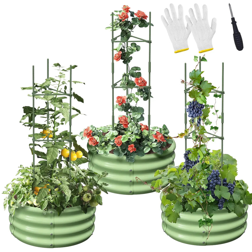 Lilypelle 3 Pack Round Galvanized Raised Garden Bed with Tomato Trellis, 24x24x12in Stackable Elevated Planter Box, Outdoor Metal Plant Bed for Tomatoes, Climbing Vines, Vegetables, Roses, Grapes, Eco-Friendly Design