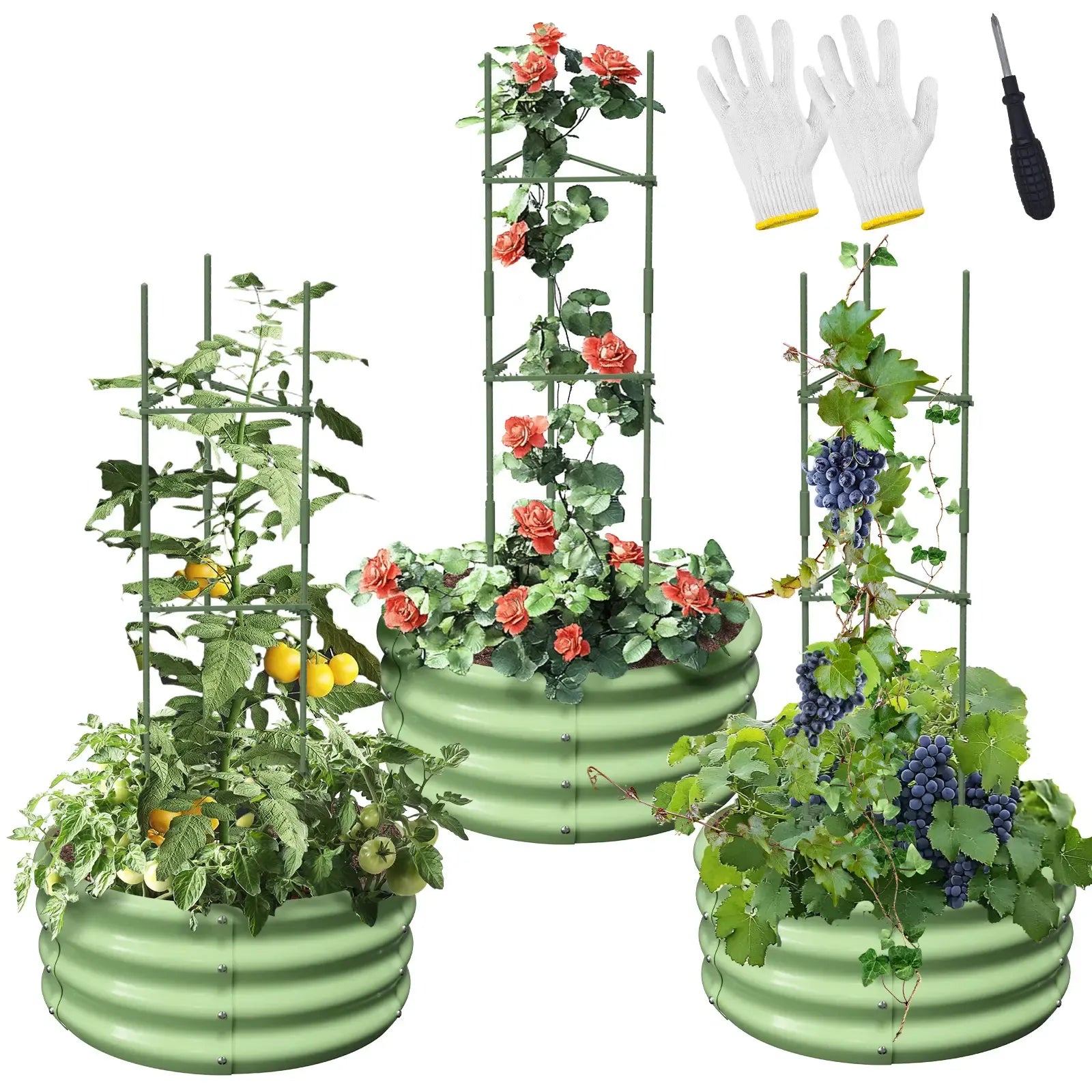 Lilypelle 3 Pack Round Galvanized Raised Garden Bed with Tomato Trellis, 24x24x12in Stackable Elevated Planter Box, Outdoor Metal Plant Bed for Tomatoes, Climbing Vines, Vegetables, Roses, Grapes, Eco-Friendly Design