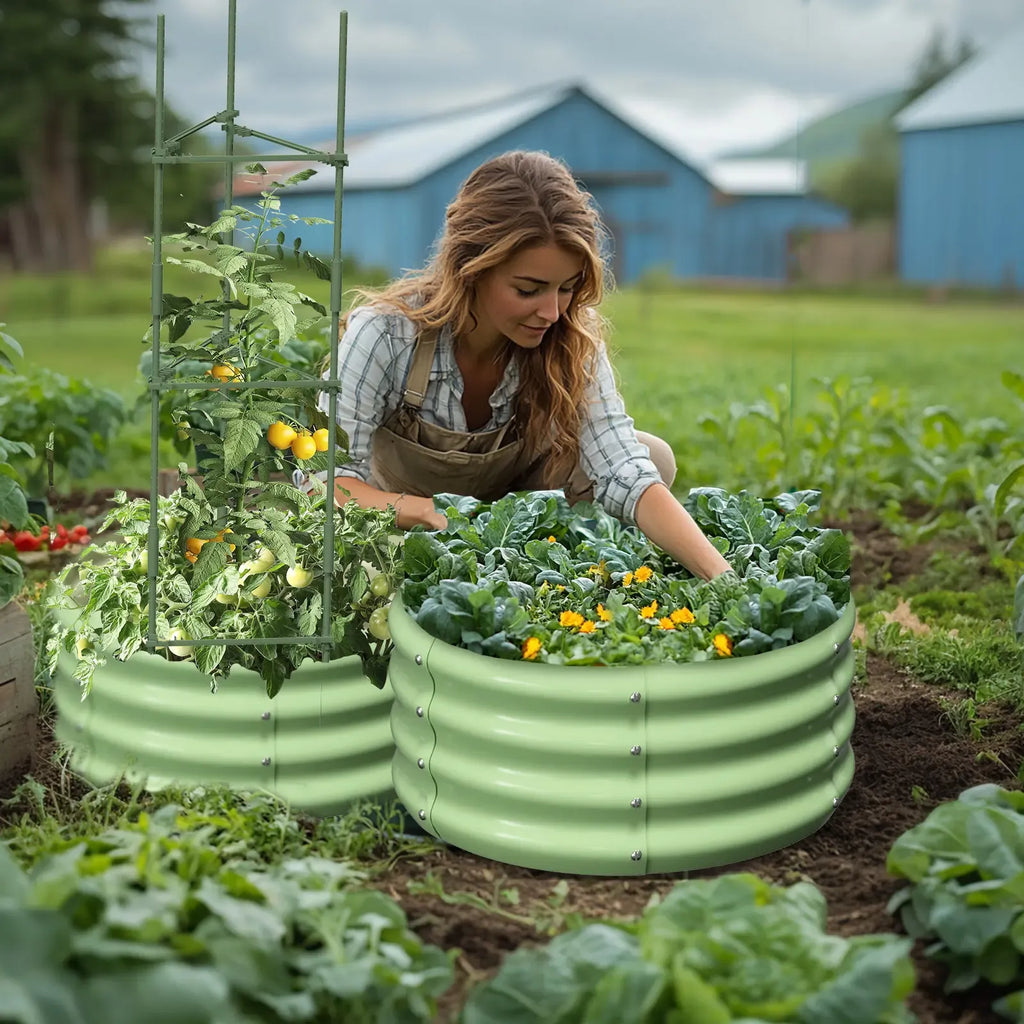 Lilypelle 3 Pack Round Galvanized Raised Garden Bed with Tomato Trellis, 24x24x12in Stackable Elevated Planter Box, Outdoor Metal Plant Bed for Tomatoes, Climbing Vines, Vegetables, Roses, Grapes, Eco-Friendly Design