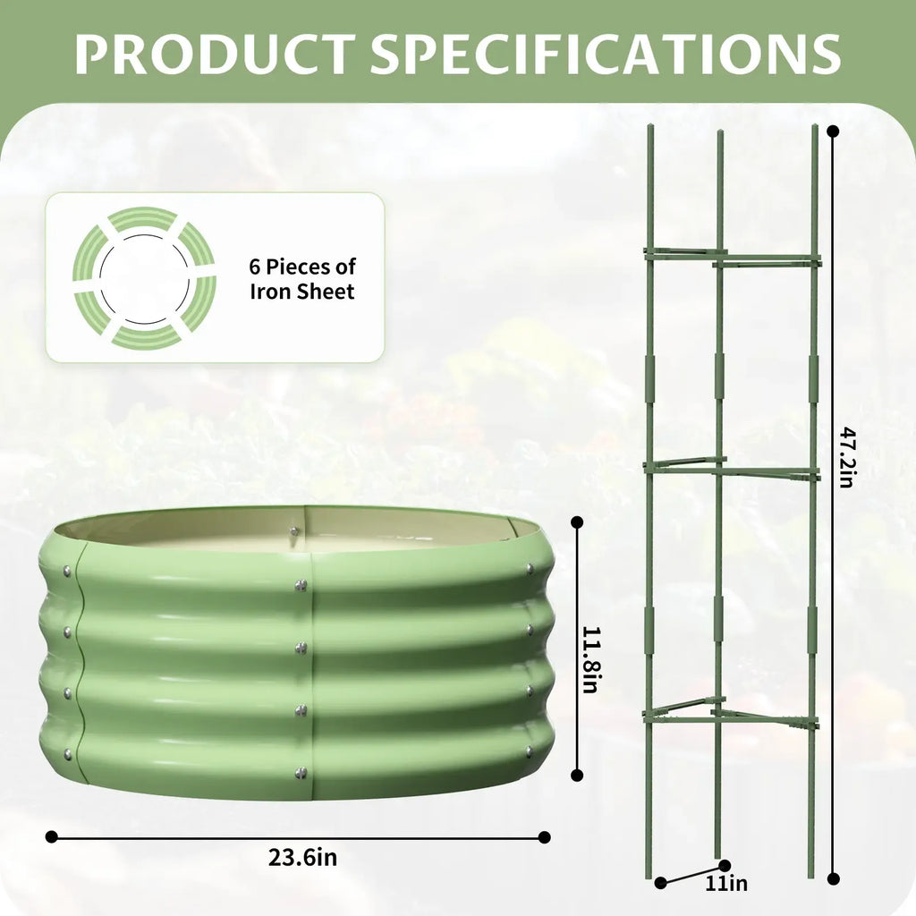 Lilypelle 3 Pack Round Galvanized Raised Garden Bed with Tomato Trellis, 24x24x12in Stackable Elevated Planter Box, Outdoor Metal Plant Bed for Tomatoes, Climbing Vines, Vegetables, Roses, Grapes, Eco-Friendly Design