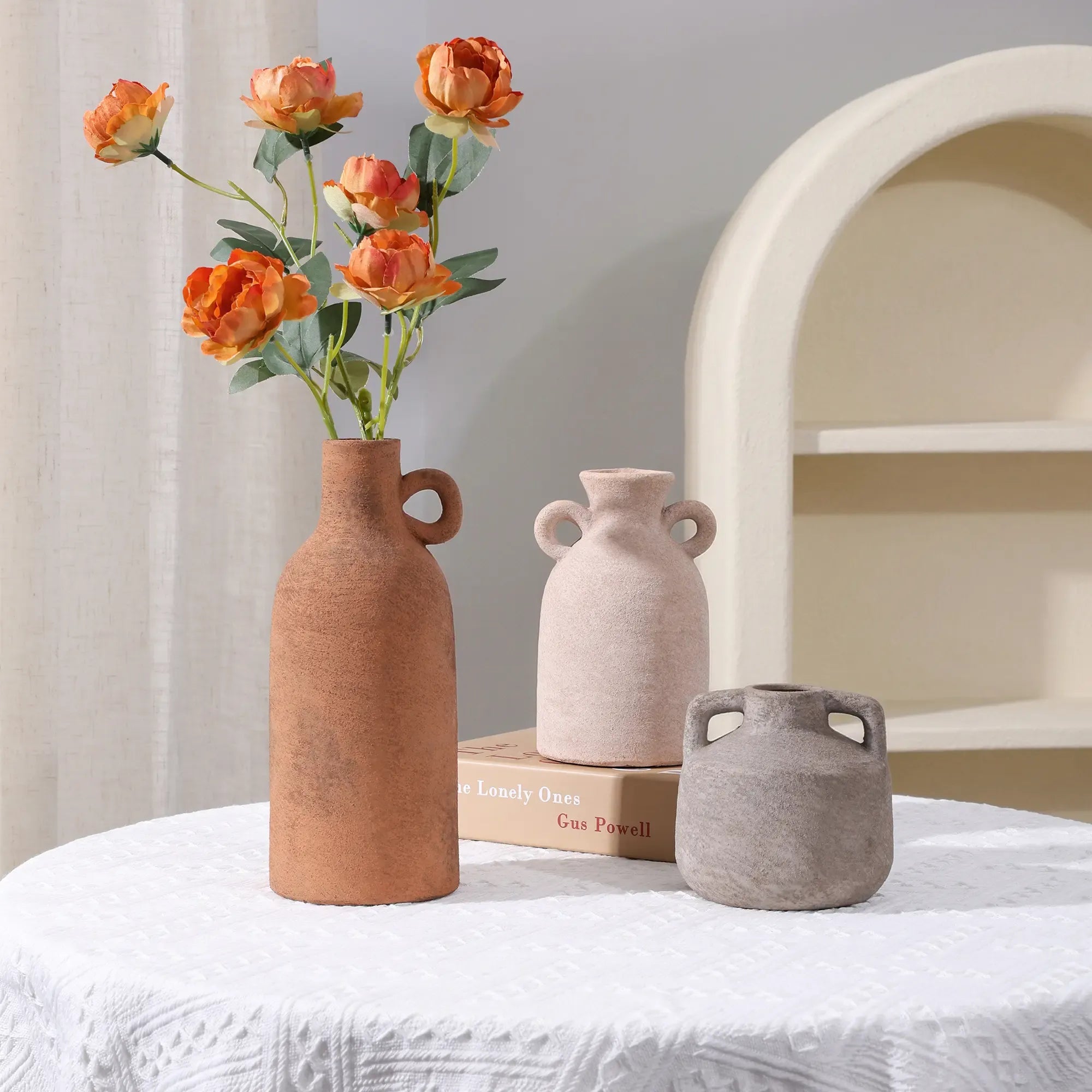 Ivydale Ceramic Vase Set, 3Pcs Flower Vases for Modern Boho Farmhouse Decor, Decorative Vases for Pampas Grass & Dried Flowers, Distressed Finish