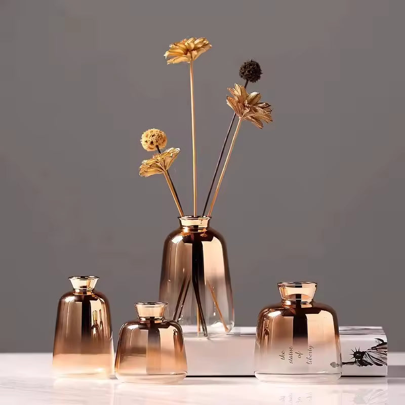European Electroplate Gold Glass Vase Mini Small Flower Bottle Hydroponic Systems Terrarium Wedding Home Decor Accessories