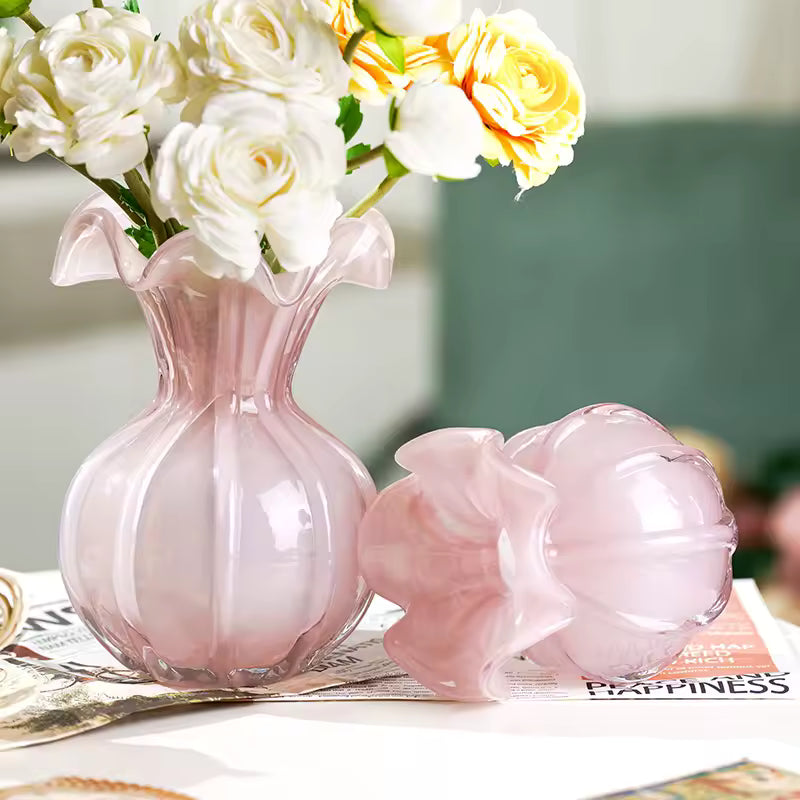 Pink Glaze Vase European Minimalist Floral Edge Glass Hydroponic Fresh Flowers Pot Home Decoration Accessories