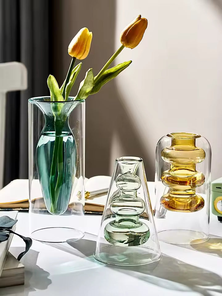 Modern Art Glass Vase Terrarium - Colorful Small Flower Pot Bottle Hydroponic Aesthetic Desk Accessory Cute Home Decor for Room