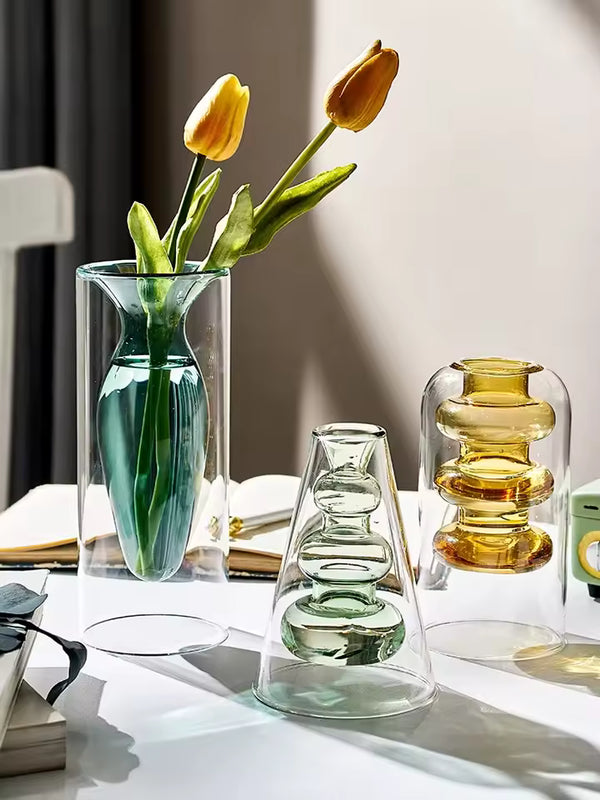 Modern Art Glass Vase Terrarium - Colorful Small Flower Pot Bottle Hydroponic Aesthetic Desk Accessory Cute Home Decor for Room