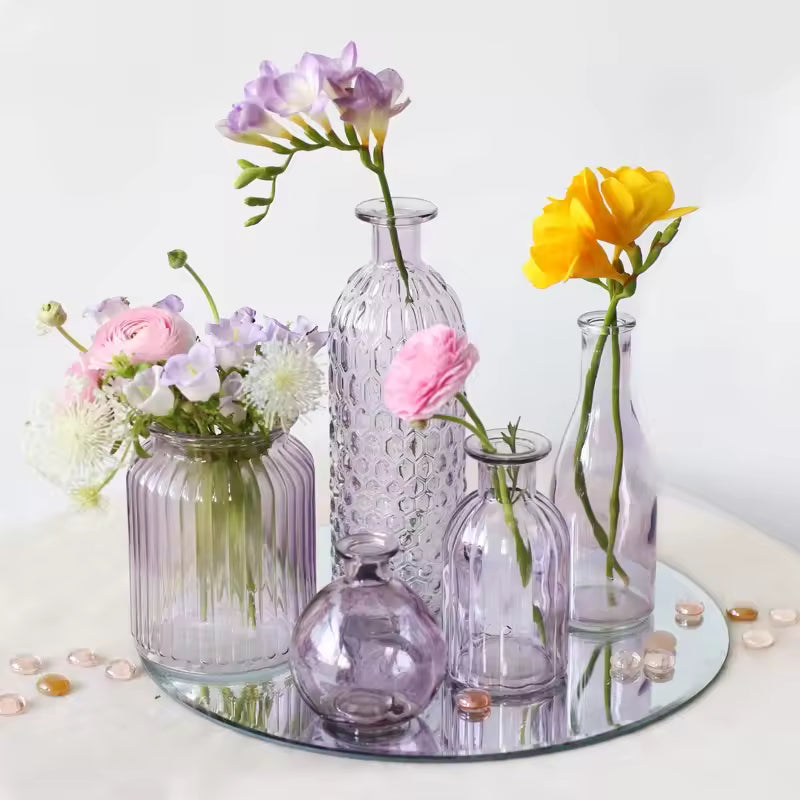 Romantic Purple Triangular Relief Glass Vase Hydroponic Systems Retro Flower Bottle Ornament Home Decoration Accessories