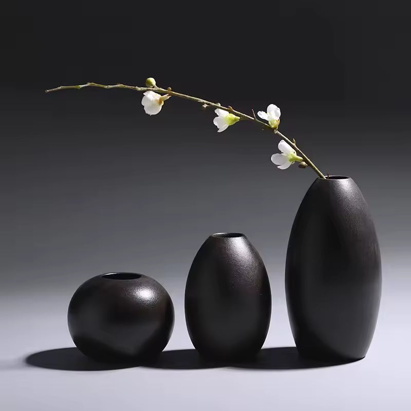 Black Frosted Ceramic Vase Jingdezhen Retro Mini Flower Pot Living Room Home Decoration Accessories