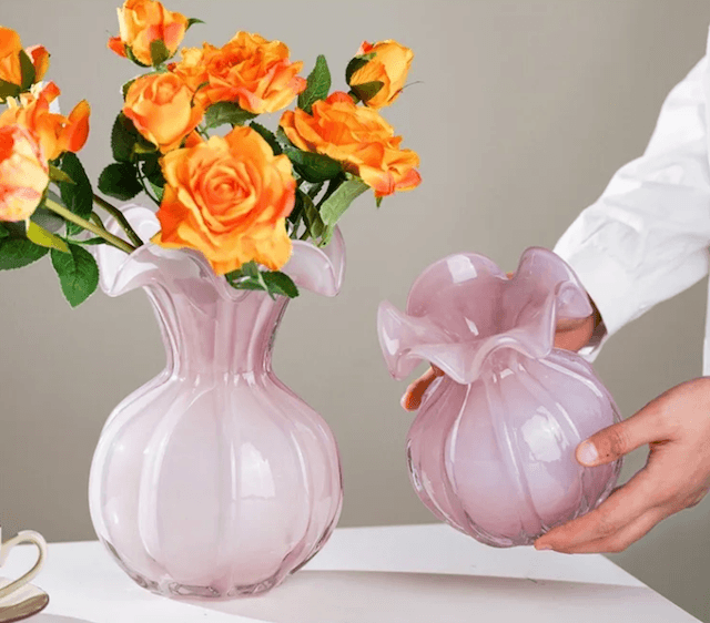 Pink Glaze Vase European Minimalist Floral Edge Glass Hydroponic Fresh Flowers Pot Home Decoration Accessories