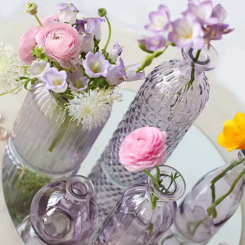Romantic Purple Triangular Relief Glass Vase Hydroponic Systems Retro Flower Bottle Ornament Home Decoration Accessories