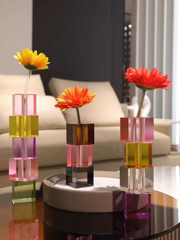 Modern Colored Crystal Glass Vase Transparent Bottle for Flower Plant Tabletop Ornaments Home Decor Accessories