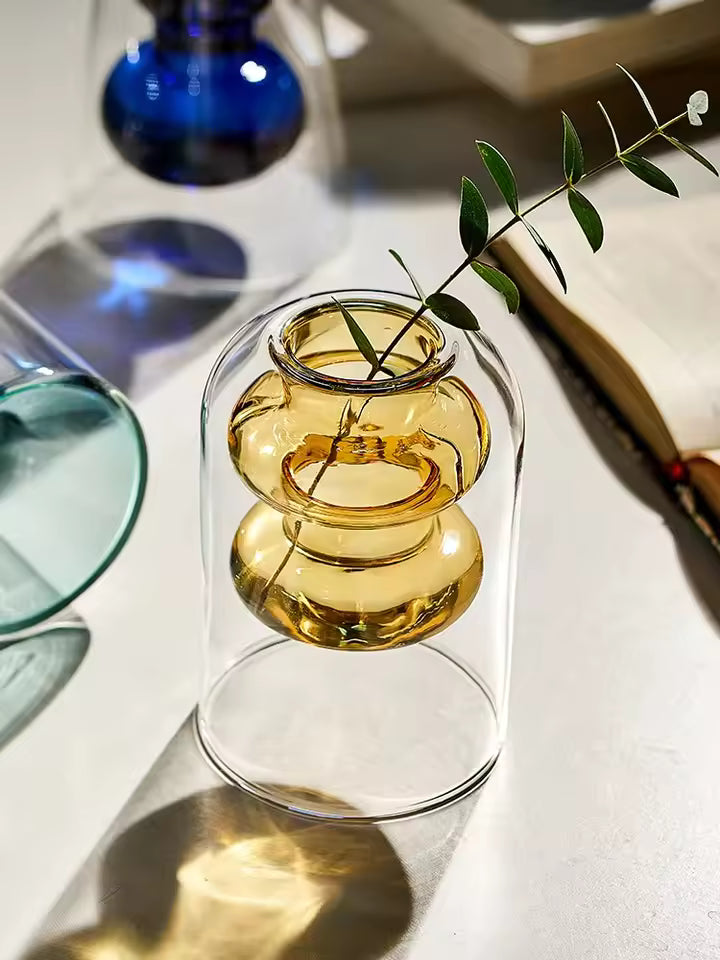 Modern Art Glass Vase Terrarium - Colorful Small Flower Pot Bottle Hydroponic Aesthetic Desk Accessory Cute Home Decor for Room