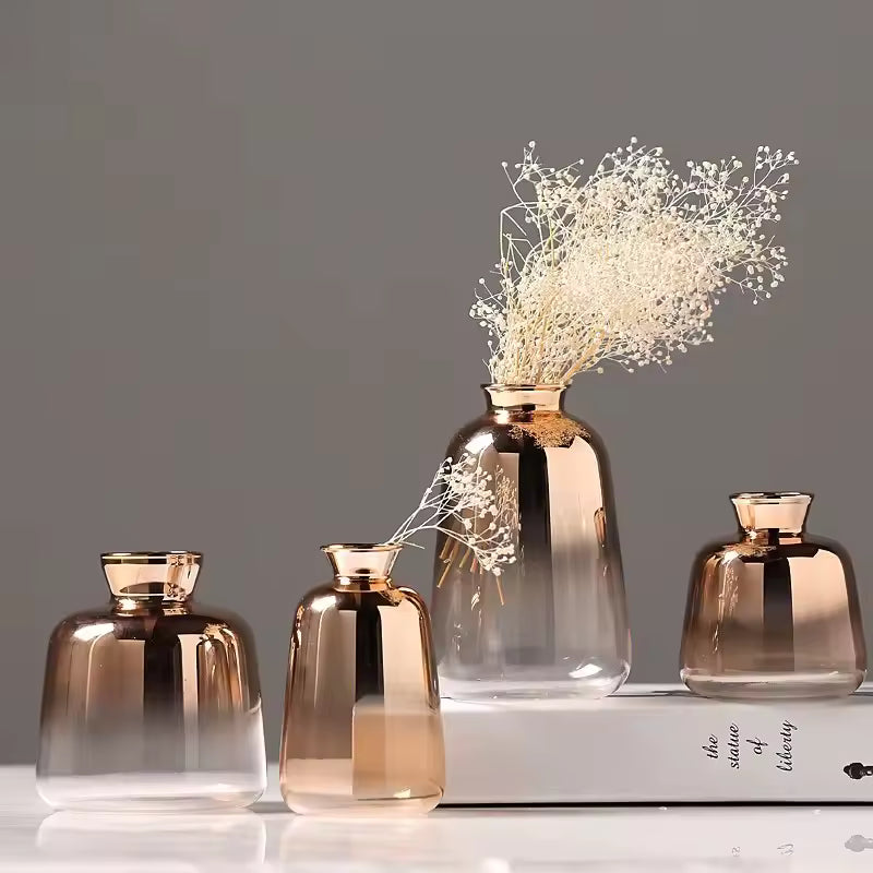 European Electroplate Gold Glass Vase Mini Small Flower Bottle Hydroponic Systems Terrarium Wedding Home Decor Accessories