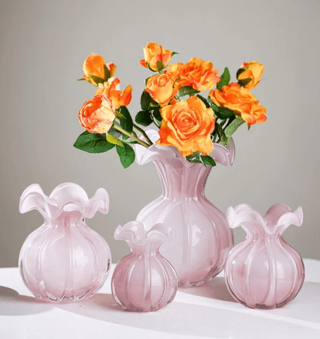 Pink Glaze Vase European Minimalist Floral Edge Glass Hydroponic Fresh Flowers Pot Home Decoration Accessories