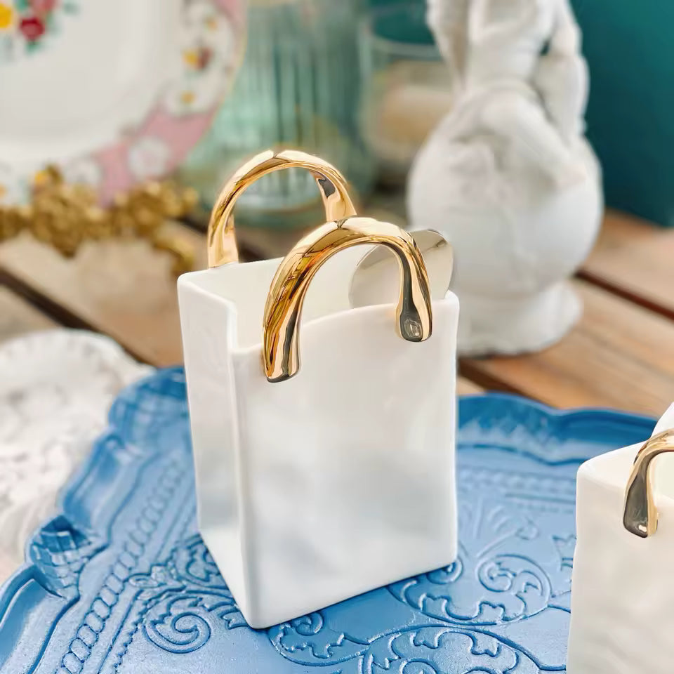 Bone China Gold Handle Mini Vase Handbag Vases Spoon Storage Ornament Living Room Home Decoration Accessories