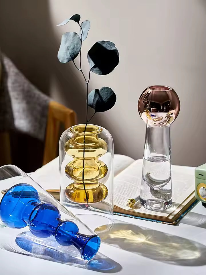 Modern Art Glass Vase Terrarium - Colorful Small Flower Pot Bottle Hydroponic Aesthetic Desk Accessory Cute Home Decor for Room