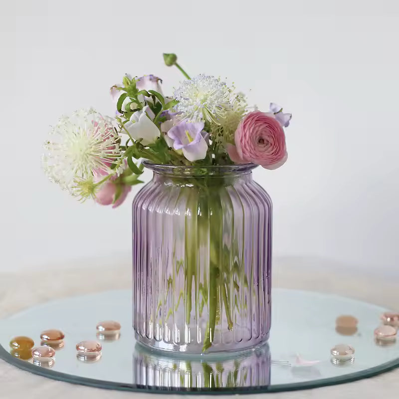 Romantic Purple Triangular Relief Glass Vase Hydroponic Systems Retro Flower Bottle Ornament Home Decoration Accessories