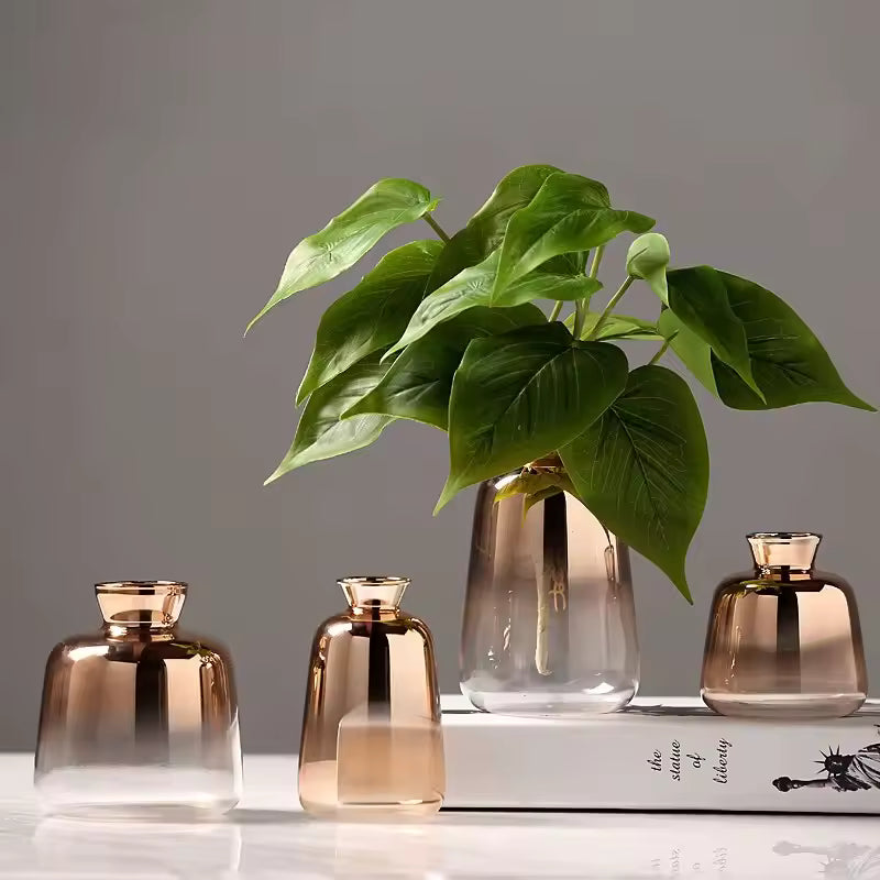 European Electroplate Gold Glass Vase Mini Small Flower Bottle Hydroponic Systems Terrarium Wedding Home Decor Accessories