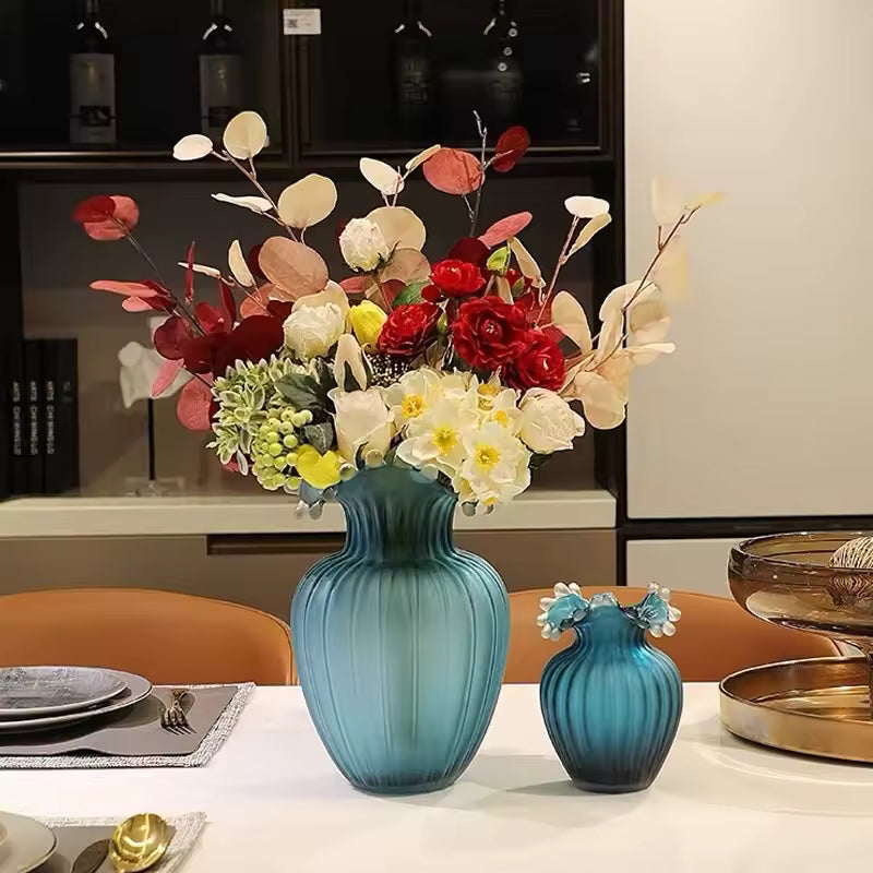 New Modern Nordic Water Splash Mouth Blue Glass Vase Hydroponic Flower Planter Dining Table Home Decoration Ornaments