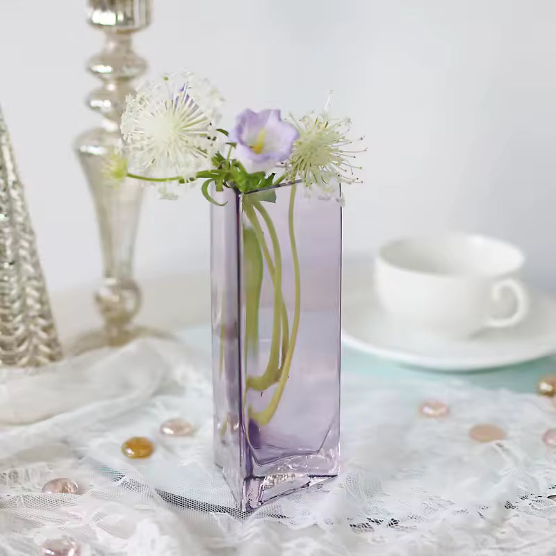 Romantic Purple Triangular Relief Glass Vase Hydroponic Systems Retro Flower Bottle Ornament Home Decoration Accessories