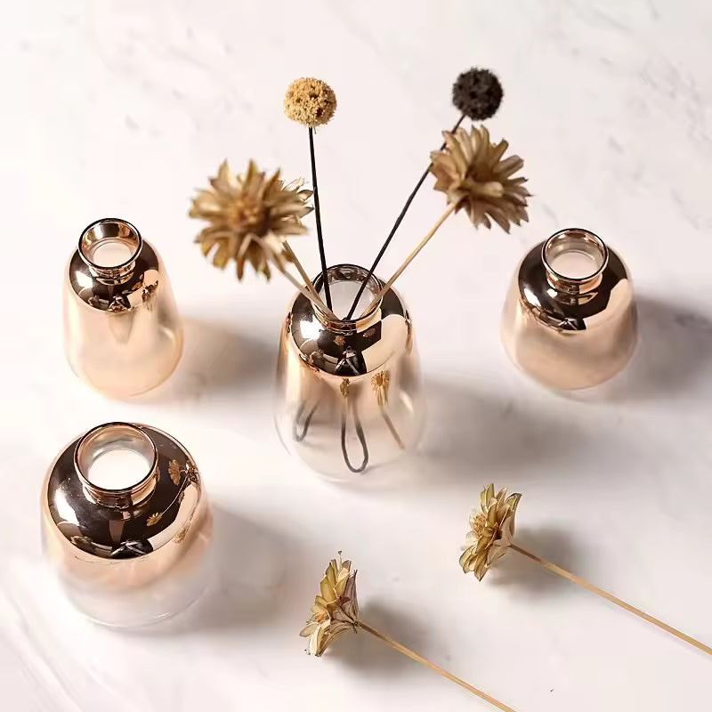 European Electroplate Gold Glass Vase Mini Small Flower Bottle Hydroponic Systems Terrarium Wedding Home Decor Accessories