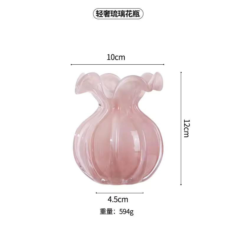 Pink Glaze Vase European Minimalist Floral Edge Glass Hydroponic Fresh Flowers Pot Home Decoration Accessories