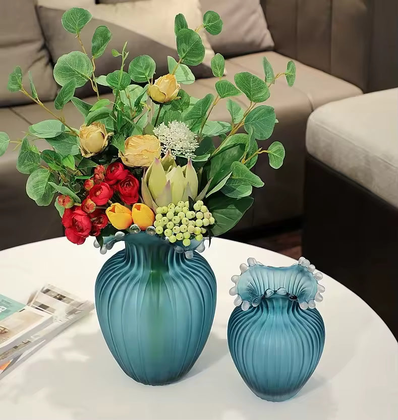 New Modern Nordic Water Splash Mouth Blue Glass Vase Hydroponic Flower Planter Dining Table Home Decoration Ornaments