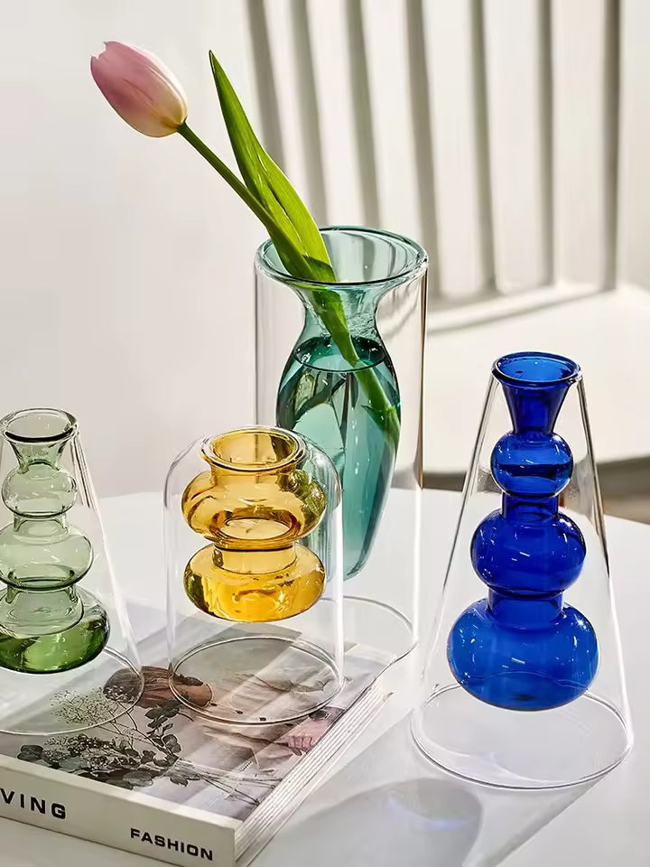 Modern Art Glass Vase Terrarium - Colorful Small Flower Pot Bottle Hydroponic Aesthetic Desk Accessory Cute Home Decor for Room
