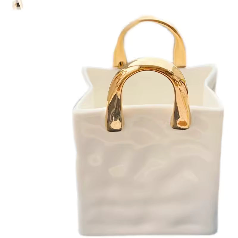 Bone China Gold Handle Mini Vase Handbag Vases Spoon Storage Ornament Living Room Home Decoration Accessories